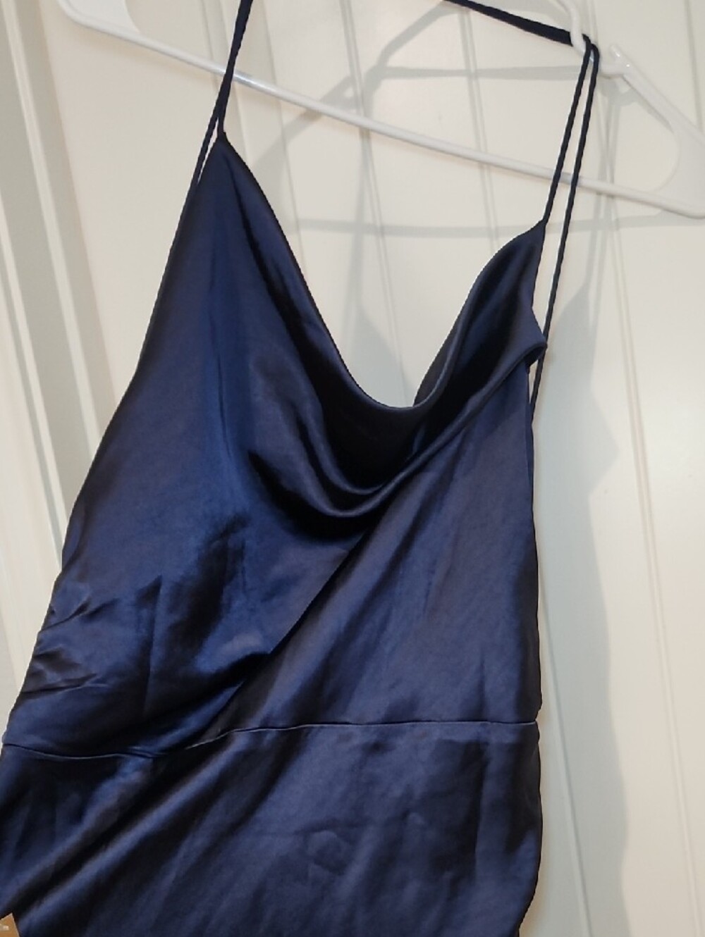 Satin Navy Cowl Neck Maxi Dress with Spaghetti Straps